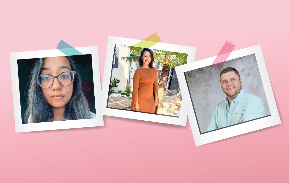 Three Polaroid-style portraits taped to a pink gradient backdrop: left is a woman with glasses and long dark hair, center a woman in an orange dress outdoors, right a man in a light blue shirt smiling.