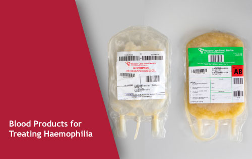 Two sealed blood product bags with labels on a light surface; maroon panel on the left reads 'Blood Products for Treating Haemophilia'.
