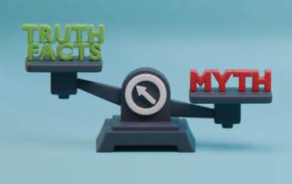 Balance scale with 'Truth Facts' in green on the left and 'Myth' in red on the right against a blue background.