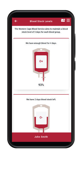 WCBS-App-Homepage-hi-res-2026-3 Mobile screen of a Blood Stock Levels app. Top card shows O+ blood at 93%, enough for 4 days. Bottom card shows O- stock low (2 days) with name John Smith.